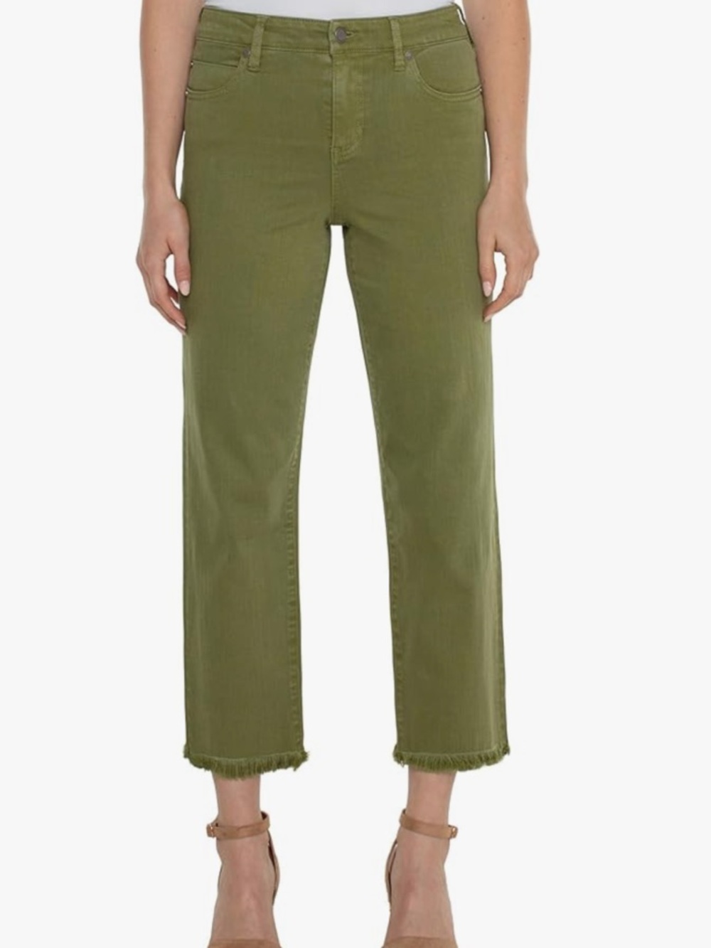 Women's Olive Straight-Leg Jeans with Frayed Hem